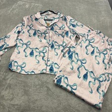 NWT Their Nibs Pajama Set Womens L Pink Blue Bow Satin Ruffle Hem Princess