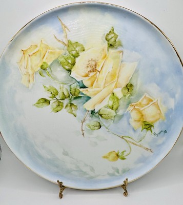 Large Porcelain Hand Painted Rose Charger Cake Plate Sandwich Dish Artist Signed