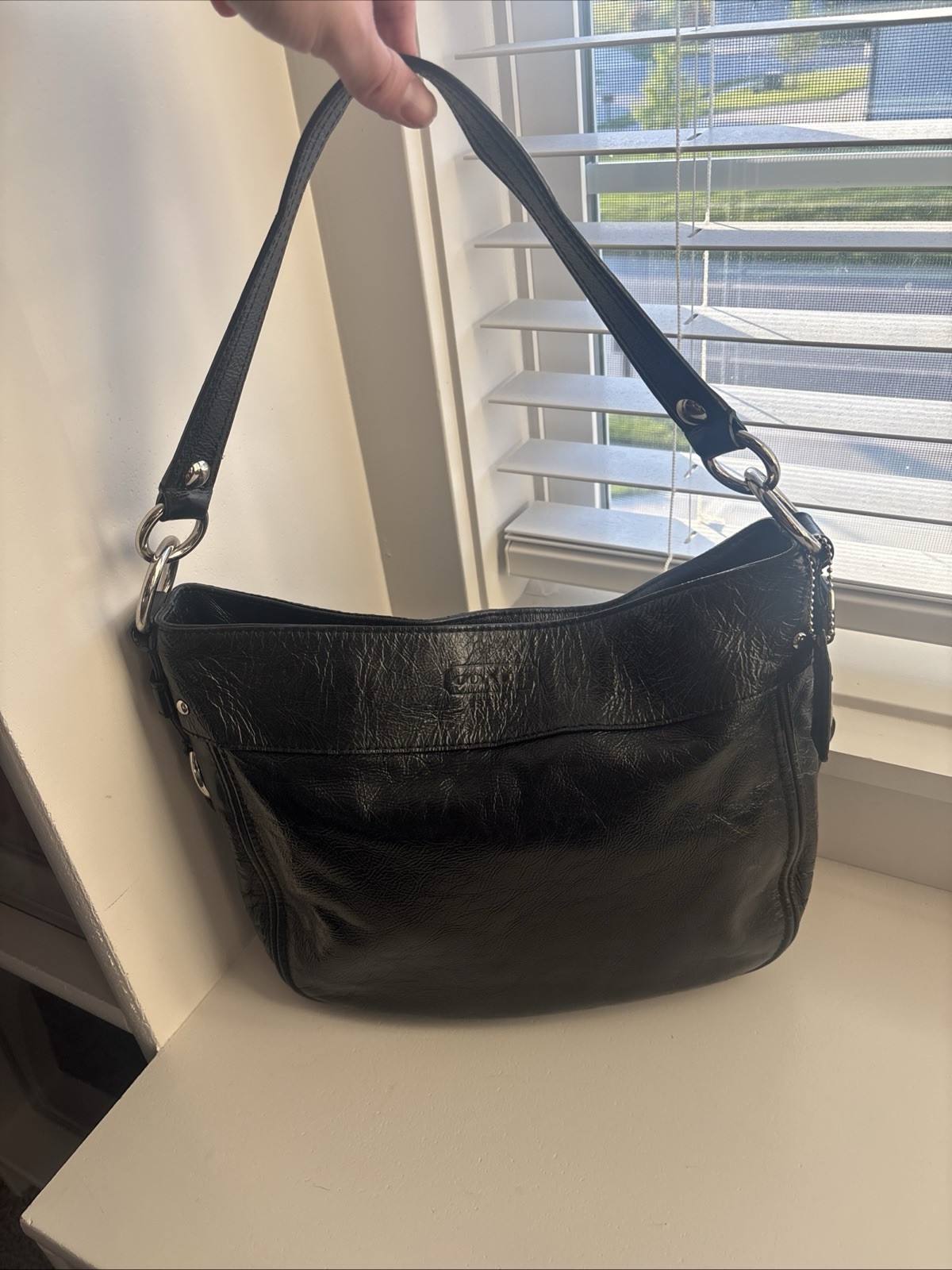 Coach Y2K Black Crinkled Leather Hobo Bag Silver Hardware Crossbody Strap