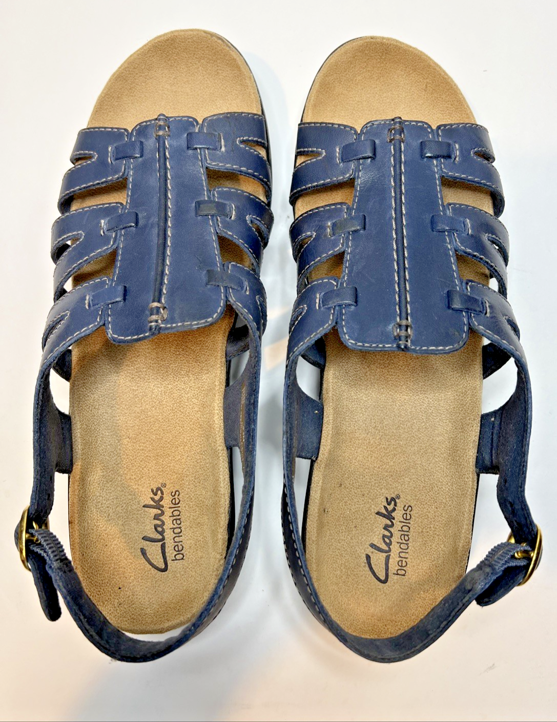 Clarks Bendables BRAND NEW Blue Leather Strappy Sandals, Buckle, Womens 9.5M