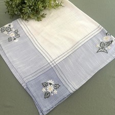 Vintage Embroidered Tablecloth Daisies Blue White 33" Square Cottage Farmhouse