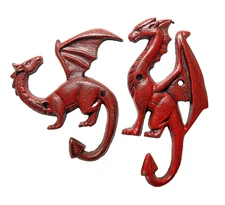 Red Dragon Duo Wall Hooks Cast Iron Keys Towels Coats Fantasy 5"-6.75" H