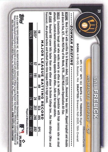 2024 Bowman #39 Sal Frelick - Picture 2 of 2