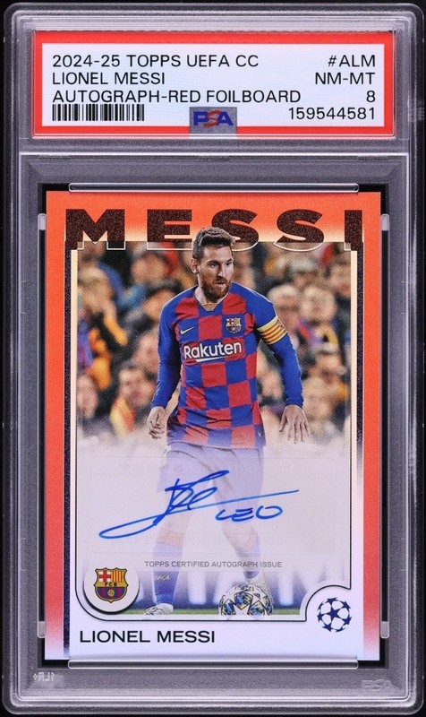 2024 Topps UEFA Club Competitions Red Foilboard Lionel Messi AUTO #/5 #ALM PSA 8