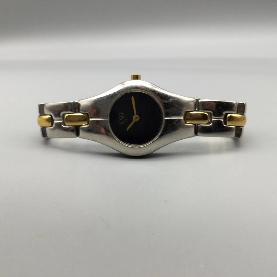 Reloj suizo ESQ para mujer 22 mm plata oro dos tonos esfera negra batería nueva 6,25" Foto 4 de 4