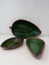 Vintage Green Ceramic Leaf Dish Set – 3 Handcrafted Pottery Serving Bowls