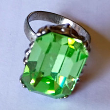 Silver Tone Cocktail Ring w/ Large Green Emerald-Cut Crystal, Pre-Owned