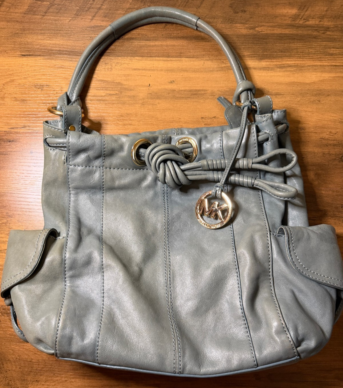 Michael Kors Gray Leather Drawstring Shoulder Bag… - image 1