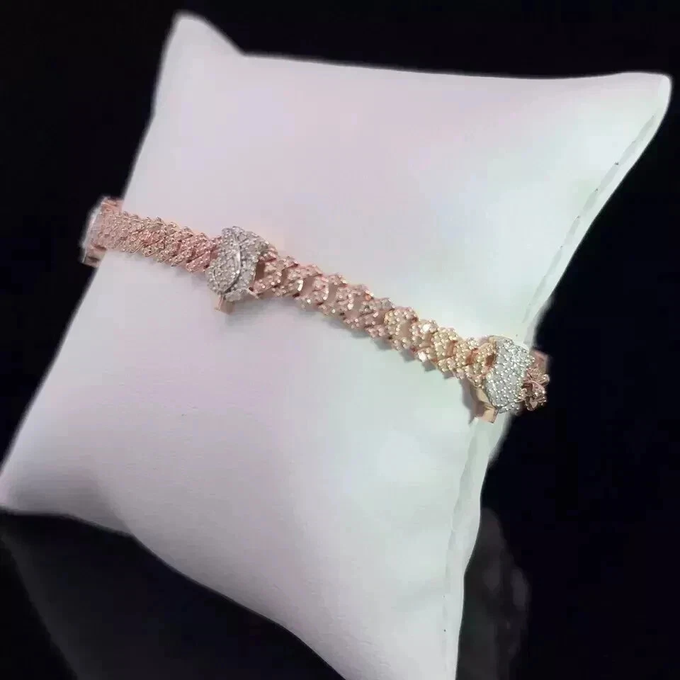 Pulseira cubana masculina corte redondo 8 quilates diamante criado em laboratório acabamento em ouro rosa 14K - Imagem 4 de 4