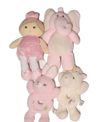 Lot Of 4  Plush Rattles First  Baby Doll, Bunny, Unicorn Elephant Stuffed Toys 