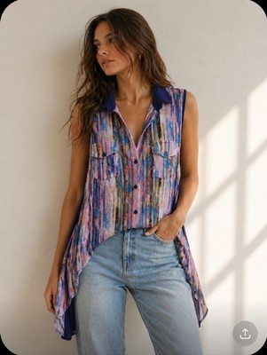NWT BCBGmaxazria Sleeveless Multicolor Painterly Hi-Low Button Up Front Top - S