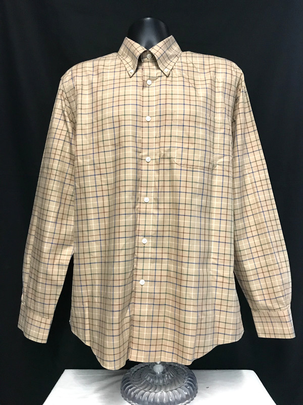 Brooks Brothers 1818 Regent Dress Shirt Mens Large Tan Blue Red Plaid Button Up