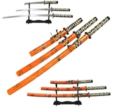 3-Piece Samurai Sword Set w/ Stand – Orange Dragon Scabbard, 1095 Steel