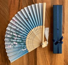 Folding Bamboo Chinese Hand Fan with tassle Blue Blossom Butterfly With Box