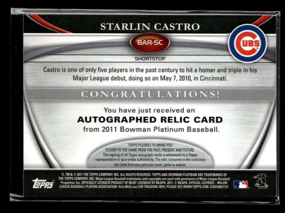 2011 Bowman Platinum Starlin Castro Jersey Relic Auto Refractor /666 UX4194 - Image 2 of 2
