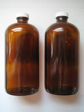 2 TWO Amber/Brown "Boston" GLASS STORAGE BOTTLES, Each 32 Oz./Quart Capacity
