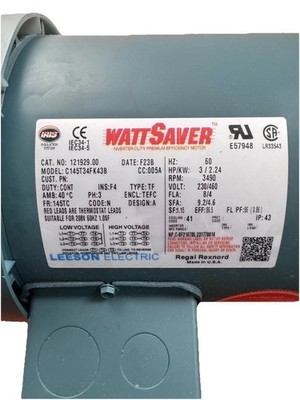 Leeson 121929.00 WattSaver Electric Motor 3HP 3PH 3490RPM 145TC Fr