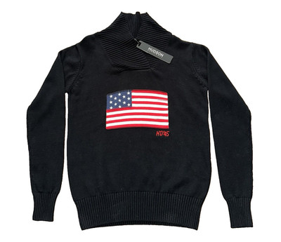 New NWT $178 HUDSON OUTERWEAR Mens Small American Flag Sweater USA Black Cotton