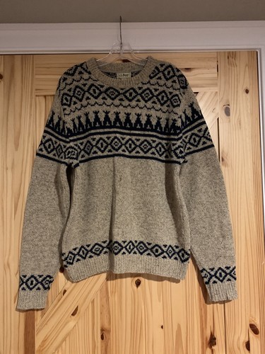 LL Bean Mens Vintage Pullover Sweater Nordic Fisherman Ivory Blue Wool Knit M