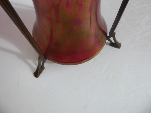 Antique Loetz Type Iridescent Art Glass Vase Bronze Art Nouveau Mounting - Picture 11 of 12