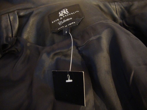 STUNNING NEW ROCK & REPUBLIC BELTED BLACK LEATHER JACKET WITH COTTON SLEEVES - Picture 10 of 12