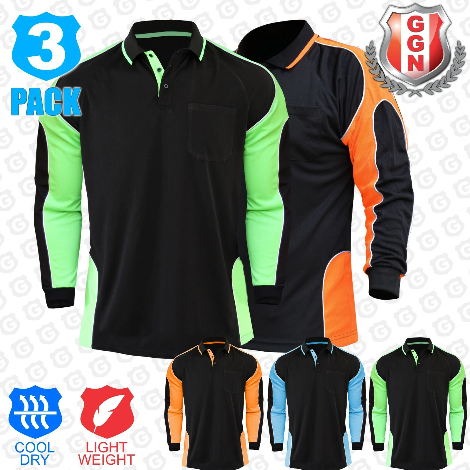 3 Pack Mens Work Polo Shirts Long Sleeve Chest Pocket Cool Dry Uniform