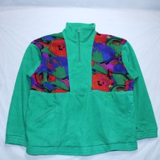 Vintage Floral Pattern Fleece Pullover Unisex Size Large Relaxed Colourblock Zip