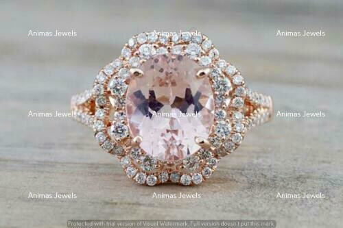 Ct Oval Cut Simulated Pink Morganite Halo Engagement Ring 14K