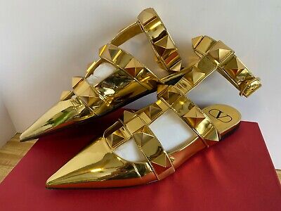 NEW VALENTINO GARAVANI Roman Stud Ankle Leather Metallic Flats Gold SIZE 39  | eBay