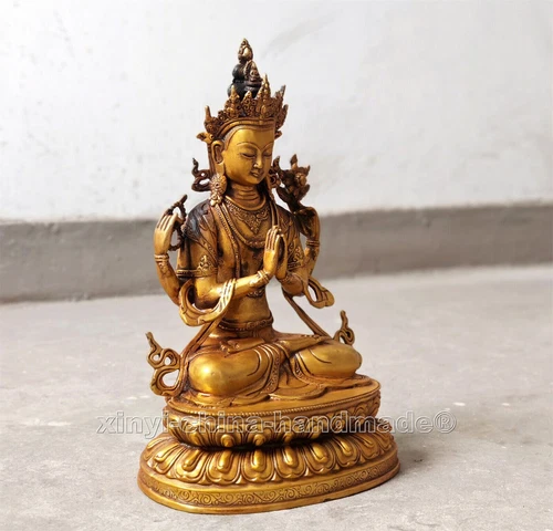 Antique Kwan-yin Buddha Statue blessed 4 arms guanyin Old Bronze gilt 12.4“/31cm - Picture 4 of 10