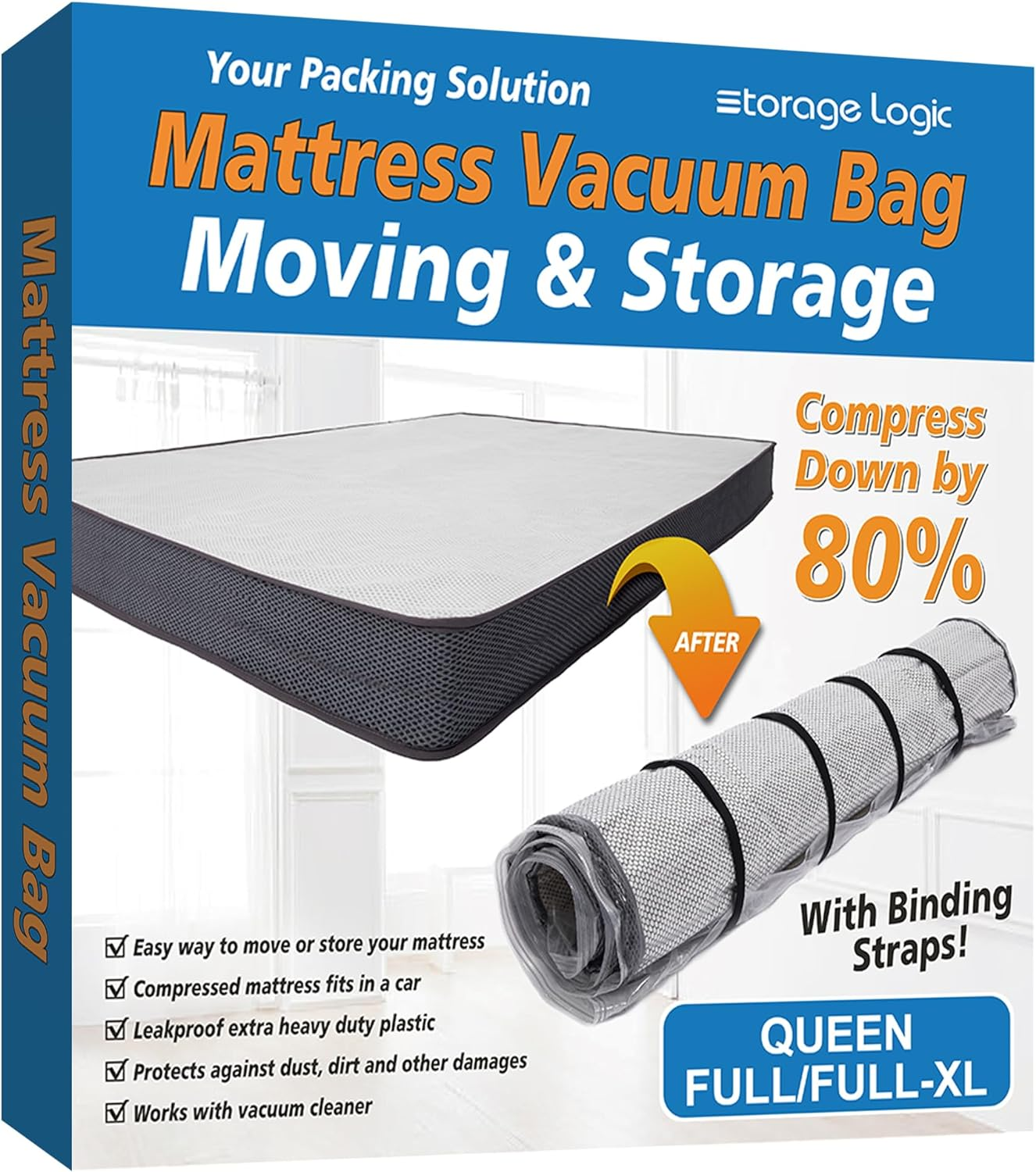 Queen/Full/Full-XL Foam Mattress Vacuum Bag for Moving, Vacuum Seal Mattress Bag