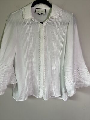 Alexis Pleated Crochet Lace Trim Buttoned Shirt Blouse in White Size M Romantic