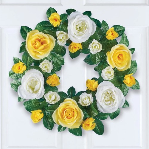 Vibrant Yellow and White Roses Floral Wreath Spring Door Wall Home Decor 18" - Picture 2 of 3