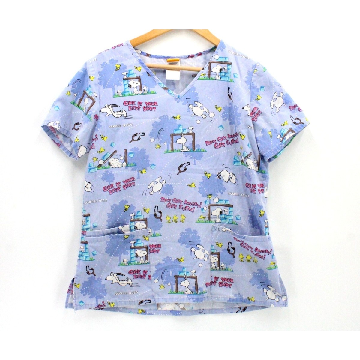 フー様 Vintage Peanuts Scrub Top Womens Blue V Neck Snoopy All Over Print