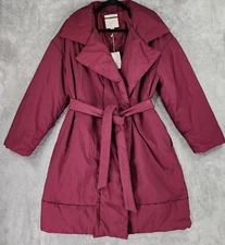 A New Day Wrap Puffer Jacket Womens Medium Maroon Snap Close Belted Long Sleeve