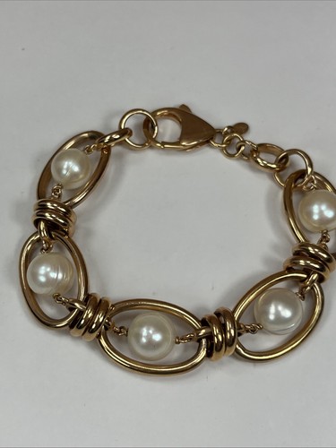 Bronze Honora Italy Signed Chunky Rose Gold & Pearl Women Bracelet 8" - Picture 4 of 4