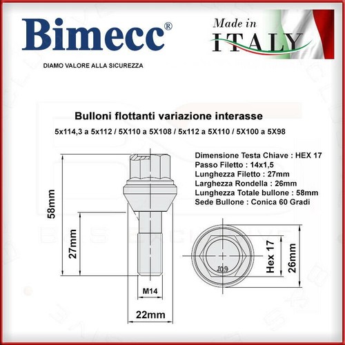 Bulloni flottanti variazione interasse 14x1,5 5x112 A 5x110 5 Pezzi Audi opel - Imagen 2 de 2