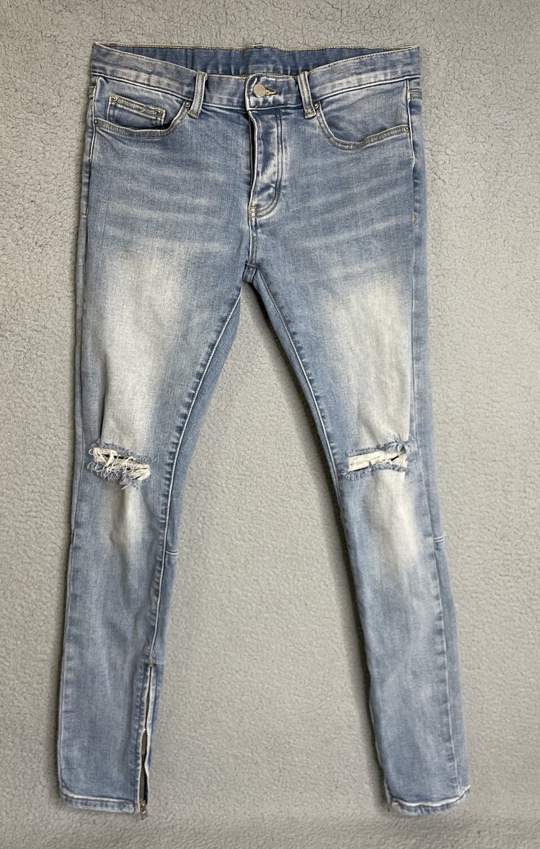 MNML Skinny Jeans Mens 32x34 Distressed Ripped Ankle Zip Blue Cotton