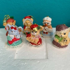 Lot of 6 Vintage JASCO CARING CRITTER CHIMERS Bisque Porcelain Bell Ornaments 