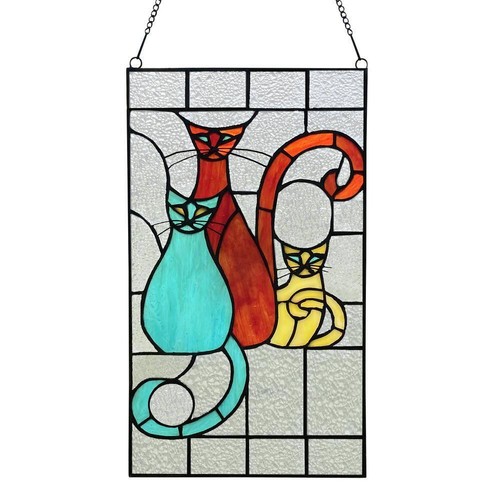 River of Goods Stained Glass Window Panel 3-Cats Tiffany Style Red Aqua Yellow - 第 1/10 張圖片