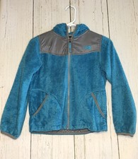 The North Face Girls Blue Fleece Hooded Jacket with Gray Accents, Full Zip