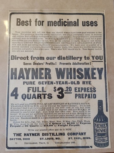 Antique Hayner Whiskey Advertising Broadside“Best for Medicinal Uses”Pre-Prohib.