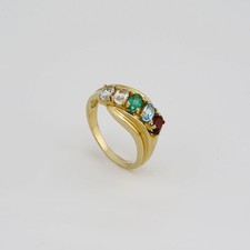 Ring mit Granat, Saphir, Smaragd + 2 Aquamarinen in 585/14K Gelbgold Gr.56