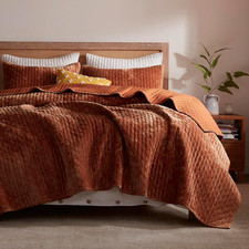 Lightweight Burnt Orange Velvet California King Quilt Set with 2 Shams