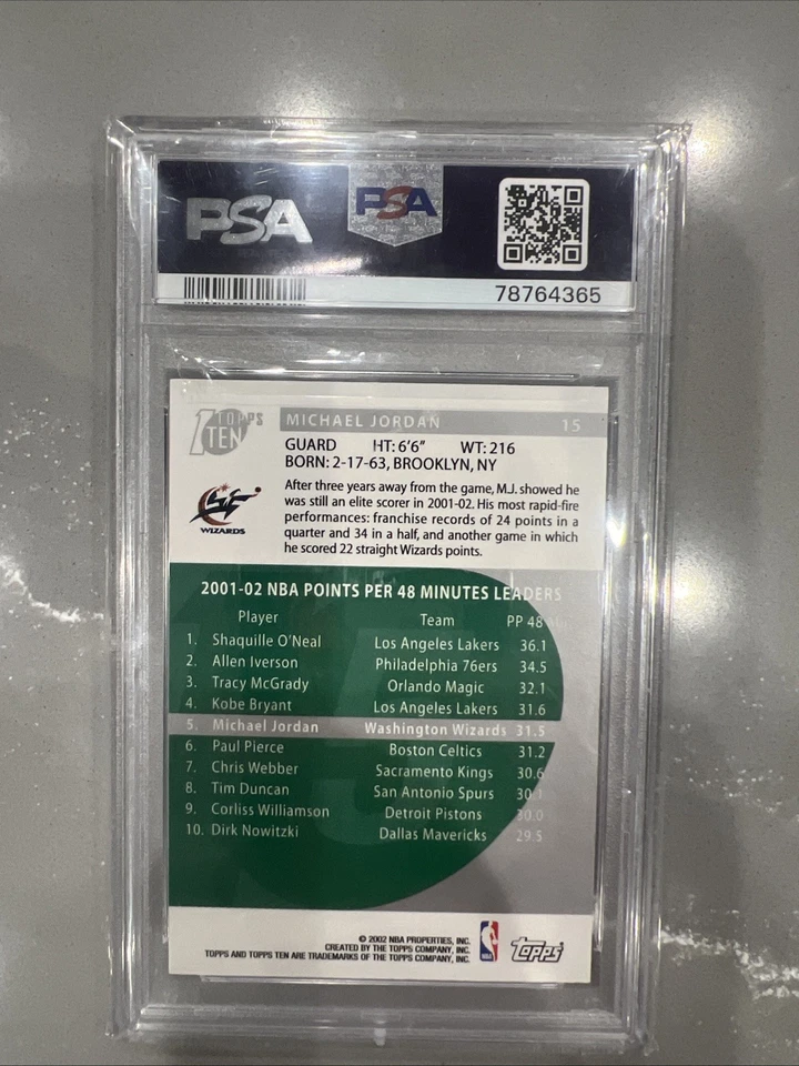 2002 TOPPS TEN #15 MICHAEL JORDAN PSA 10 WIZARDS - Image 2 of 2