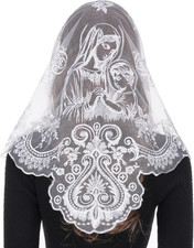 Church Veils for Women Catholic, Blessed Virgin Mary Embroidered Lace Mantilla C