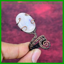 Valentines Deal Copper Oval Rainbow Moonstone Stone Wire Wrapped Solitaire Ring