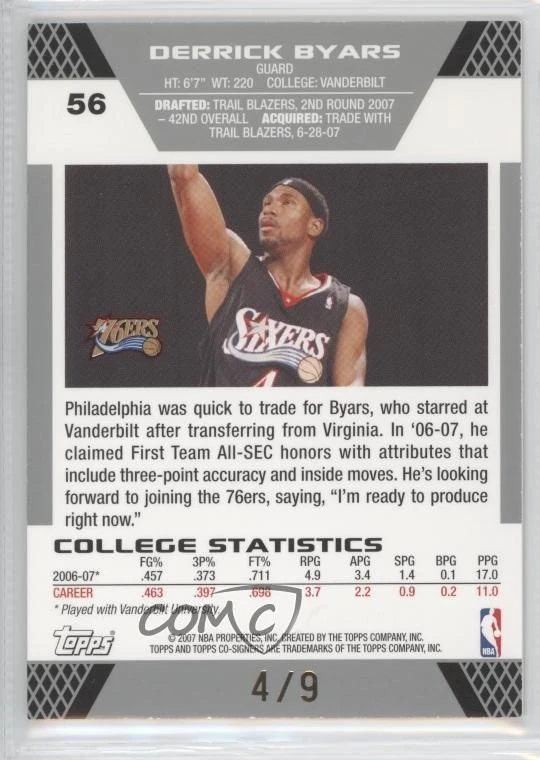 2007-08 Topps Co-Signers Gold Red Foil /9 Derrick Byars Andre Iguodala Rookie RC - Image 2 of 2