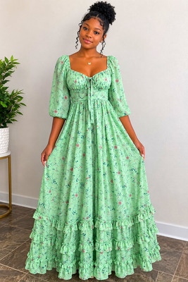 Green Floral Chiffon Maxi Dress Square Neck 3/4 Puff Sleeve Ruffle One Size