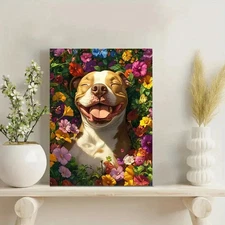 Happy Pit Bull Floral Dog Animal Painting Metal Print Ready to Hang